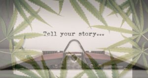 Vintage typewriter with a blank paper displaying the phrase 'Tell your story...' overlaid with translucent green cannabis leaves, symbolizing the connection between cannabis and personal storytelling