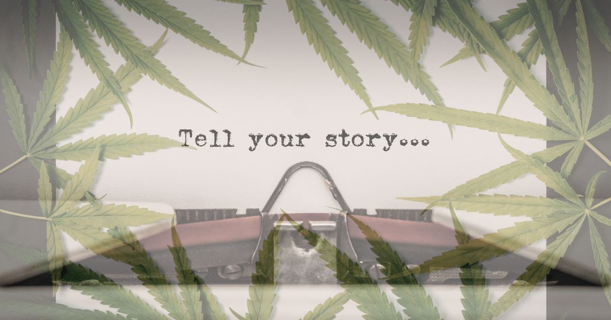 Vintage typewriter with a blank paper displaying the phrase 'Tell your story...' overlaid with translucent green cannabis leaves, symbolizing the connection between cannabis and personal storytelling