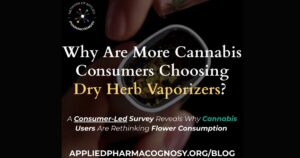Promotional graphic featuring a hand holding a dry herb cannabis vaporizer filled with ground flower, set against a dark background, with text highlighting consumer trends and the benefits of cannabis vaporizers.