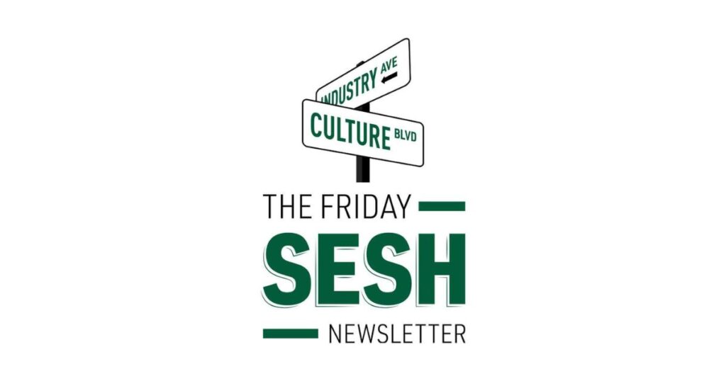 Minimalist design featuring a street signpost with 'Industry Ave' and 'Culture Blvd,' symbolizing the intersection of business and culture, with bold text highlighting 'The Friday Sesh Newsletter' on a clean white background.
