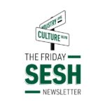Minimalist design featuring a street signpost with 'Industry Ave' and 'Culture Blvd,' symbolizing the intersection of business and culture, with bold text highlighting 'The Friday Sesh Newsletter' on a clean white background.
