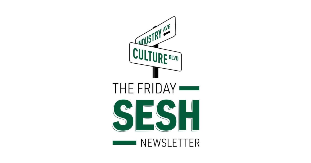 Minimalist design featuring a street signpost with 'Industry Ave' and 'Culture Blvd,' symbolizing the intersection of business and culture, with bold text highlighting 'The Friday Sesh Newsletter' on a clean white background.