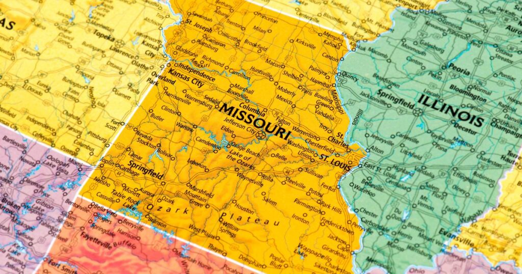 Detailed road map highlighting Missouri and surrounding states, featuring major cities, highways, and geographical features, symbolizing the regional context of Missouri cannabis operators fined for regulatory issues