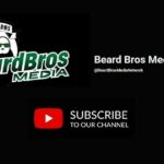 Promotional graphic for Beard Bros Media Network featuring a bold logo with two bearded figures in green sunglasses, the network name, social media handle, and a YouTube subscribe button on a sleek black background.