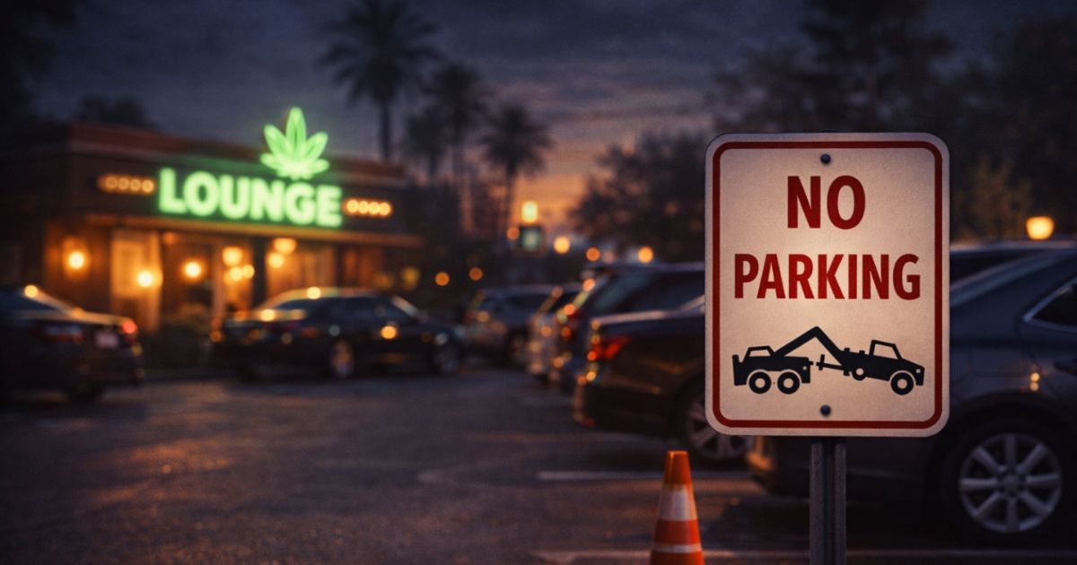 Nighttime scene outside a cannabis lounge with a neon green sign featuring a cannabis leaf. A 'NO PARKING' sign with a tow-away warning is in sharp focus in the foreground, while parked cars and the illuminated lounge create a vibrant, urban atmosphere in the background