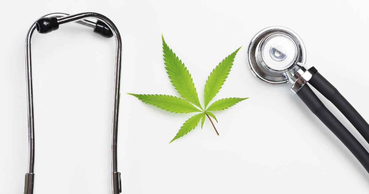 Flat lay of a vibrant green cannabis leaf centered on a white background, framed by a stethoscope with metallic silver and black components. The composition symbolizes the integration of Florida medical marijuana into healthcare discussions.