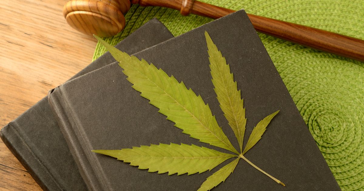 Still life image symbolizing cannabis legislation: A dried cannabis leaf rests on dark books, with a wooden gavel nearby on a green woven mat. The composition reflects the Florida Supreme Court's involvement in recreational cannabis discussions
