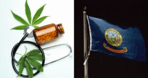 Split image featuring a green cannabis leaf, stethoscope, and medicine bottle with pills on the left, symbolizing medical cannabis, alongside the Idaho state flag waving against a dark background on the right, representing the state's medical cannabis initiative