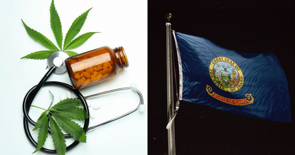 Split image featuring a green cannabis leaf, stethoscope, and medicine bottle with pills on the left, symbolizing medical cannabis, alongside the Idaho state flag waving against a dark background on the right, representing the state's medical cannabis initiative