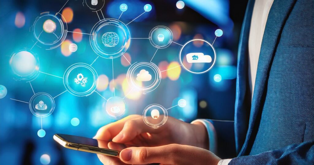Person in a blue suit holding a smartphone surrounded by a glowing network of digital icons, symbolizing the interconnected strategies and tools essential for cannabis marketing in a tech-driven world