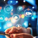 Person in a blue suit holding a smartphone surrounded by a glowing network of digital icons, symbolizing the interconnected strategies and tools essential for cannabis marketing in a tech-driven world