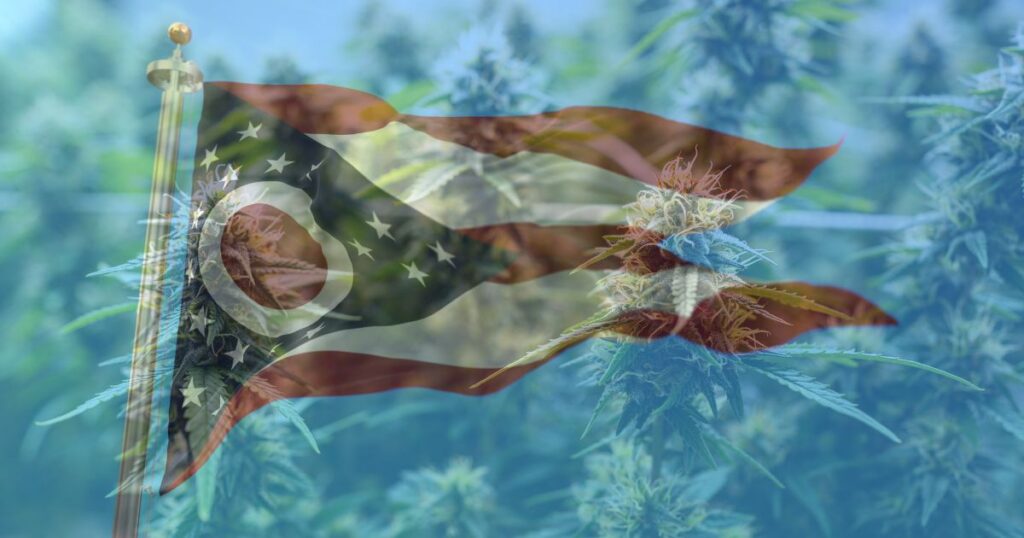 Composite image of the Ohio state flag waving over a translucent background of vibrant green cannabis plants, symbolizing the ongoing Ohio cannabis referendum and its connection to state legislation