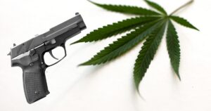 "Image of a semi-automatic pistol in sharp focus on the lower left and a vibrant green cannabis leaf slightly blurred on the upper right, both set against a plain white background. The composition symbolizes the debate over cannabis users' gun rights, a topic under review by the Supreme Court