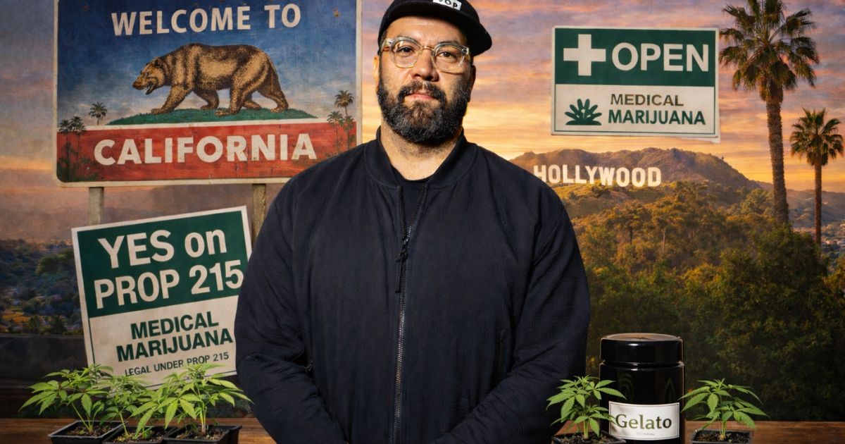 Portrait of a man, Sherbinski, standing in front of a California-themed backdrop featuring the Hollywood sign, palm trees, and signs promoting medical marijuana and Prop 215. In the foreground, small cannabis plants in pots and a black jar labeled 'Gelato' are displayed, symbolizing his contributions to the cannabis industry