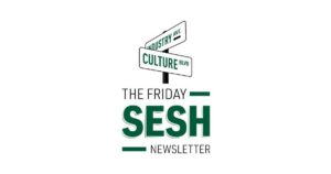 Minimalist design featuring two intersecting street signs labeled 'Industry Ave' and 'Culture Blvd' above bold text reading 'The Friday Sesh Newsletter,' symbolizing the convergence of industry and culture in a modern newsletter format