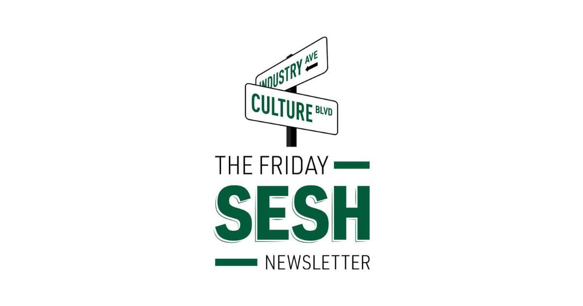 Minimalist design featuring two intersecting street signs labeled 'Industry Ave' and 'Culture Blvd' above bold text reading 'The Friday Sesh Newsletter,' symbolizing the convergence of industry and culture in a modern newsletter format