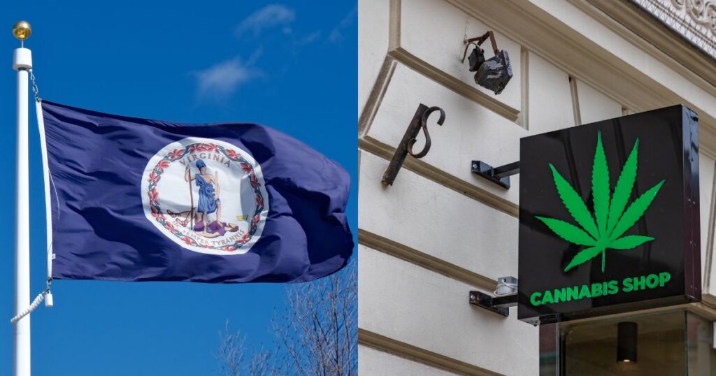 Split image featuring the Virginia state flag waving against a bright blue sky on the left, with its seal and motto 'Sic Semper Tyrannis' prominently displayed. On the right, a black sign with a green cannabis leaf and the text 'CANNABIS SHOP' is mounted on a light-colored building facade, symbolizing the emergence of Virginia cannabis retail