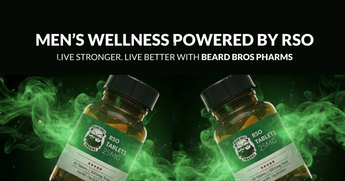 Promotional image for Beard Bros Pharms RSO Tablets, featuring two amber glass bottles with green labels against a dark background with glowing green smoky effects. The labels display 'RSO TABLETS 25MG,' '40 Tablets | 1000mg Total,' and the Beard Bros logo with two bearded figures. The top text reads 'MEN'S WELLNESS POWERED BY RSO' and 'LIVE STRONGER. LIVE BETTER WITH BEARD BROS PHARMS