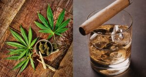 Split image comparing cannabis and alcohol. The left side shows vibrant green cannabis leaves, dried buds in a small bowl, and two pre-rolled joints on a rustic wooden surface. The right side features a glass of amber whiskey with ice and a cigar resting on the rim, set against a dark background. Keywords: cannabis safer than alcohol