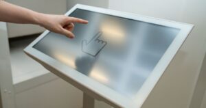 Close-up of a touchscreen kiosk with a human hand reaching to interact with the display. The screen shows a hand cursor icon, suggesting user engagement. The image represents the introduction of cannabis kiosks in Arizona senior living communities