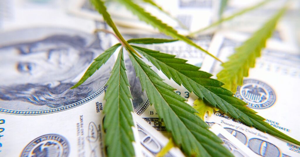 Close-up of vibrant green cannabis leaves laid over overlapping US hundred-dollar bills, with Benjamin Franklin's portrait visible on one bill. The image highlights the connection between cannabis and financial matters, symbolizing the economic challenges of the industry. Keywords: Cannabis MSOs tax debt