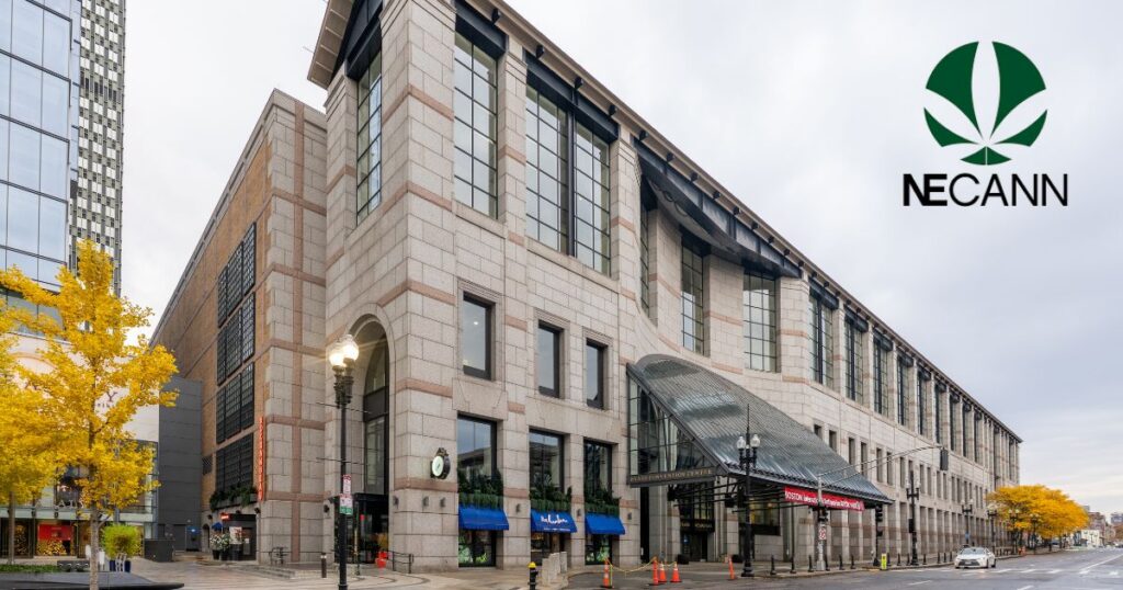 Street-level view of the Boston International Convention & Exhibition Center during autumn, with bright yellow trees lining the sidewalk. The building features a grand glass canopy entrance and a light stone facade. A 'NECANN' logo with a cannabis leaf is overlaid in the sky, signifying the NECANN Boston VIP Mixer event. Vehicles and streetlights add to the urban setting under a cloudy sky.