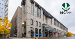 Street-level view of the Boston International Convention & Exhibition Center during autumn, with bright yellow trees lining the sidewalk. The building features a grand glass canopy entrance and a light stone facade. A 'NECANN' logo with a cannabis leaf is overlaid in the sky, signifying the NECANN Boston VIP Mixer event. Vehicles and streetlights add to the urban setting under a cloudy sky.