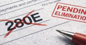 Close-up of a financial document featuring the bold text '280E' crossed out with two thick red lines, symbolizing its removal. A red rectangular stamp on the right reads 'PENDING ELIMINATION,' indicating a potential policy change. A metallic pen with a red barrel rests on the paper, pointing towards the crossed-out text. The document's faint lines and speckled texture suggest a formal or professional context. Keywords: cannabis rescheduling, Schedule III readiness