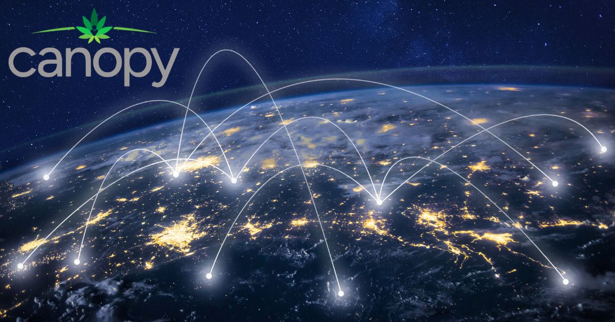 Stylized view of Earth at night, showing illuminated city lights and overlaid with glowing white nodes connected by arcing lines, symbolizing global connectivity. The background features a starry cosmos, and the 'canopy' logo with a cannabis leaf icon is displayed in the upper left corner. Keywords: Canopy HR