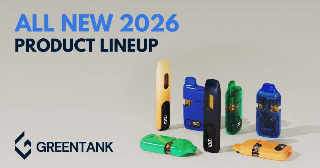 Promotional graphic for Greentank's 2026 product lineup of cannabis vapes. The image features a light gray background with the text 'ALL NEW 2026 PRODUCT LINEUP' in blue and dark blue at the top left. At the bottom left, the Greentank logo and name are displayed. The lower-right section showcases seven colorful vape devices in yellow, blue, green, and orange, some with transparent designs revealing internal components and digital displays showing '100