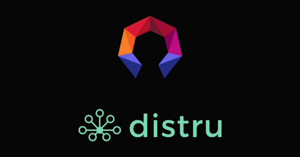 "Logo image on a black background featuring a vibrant, multi-colored geometric shape at the top, transitioning from red to orange, magenta, and bluish-purple. Below it, a teal network-like icon with connected nodes is positioned to the left of the word 'distru' in a matching teal sans-serif font. Keywords: Headset and Distru partnership.