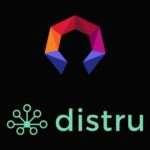 "Logo image on a black background featuring a vibrant, multi-colored geometric shape at the top, transitioning from red to orange, magenta, and bluish-purple. Below it, a teal network-like icon with connected nodes is positioned to the left of the word 'distru' in a matching teal sans-serif font. Keywords: Headset and Distru partnership.