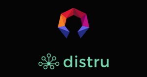 "Logo image on a black background featuring a vibrant, multi-colored geometric shape at the top, transitioning from red to orange, magenta, and bluish-purple. Below it, a teal network-like icon with connected nodes is positioned to the left of the word 'distru' in a matching teal sans-serif font. Keywords: Headset and Distru partnership.