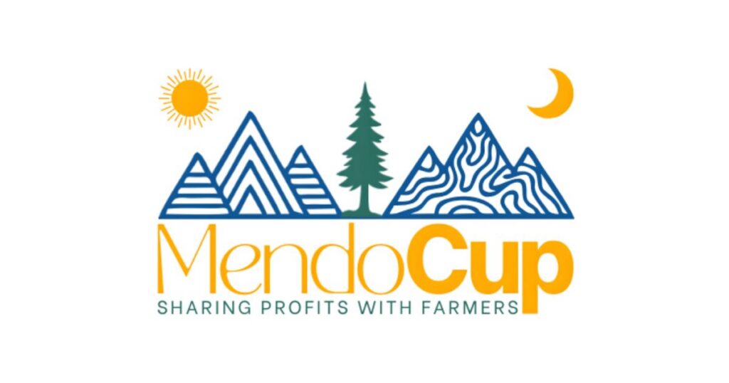 Logo for the 2026 Mendo Cup featuring five blue outlined mountains with diverse patterns, a central green pine tree, a yellow sun on the left, and a crescent moon on the right. Below, 'MendoCup' is written in earthy tones, with the tagline 'SHARING PROFITS WITH FARMERS
