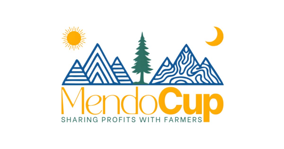 Logo for the 2026 Mendo Cup featuring five blue outlined mountains with diverse patterns, a central green pine tree, a yellow sun on the left, and a crescent moon on the right. Below, 'MendoCup' is written in earthy tones, with the tagline 'SHARING PROFITS WITH FARMERS