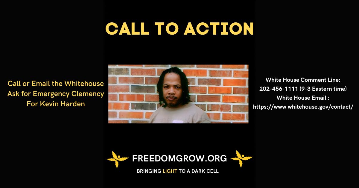Advocacy poster on a black background calling for emergency clemency for Kevin Harden. The top features bold yellow text reading 'CALL TO ACTION.' A central photo of Kevin Harden, with shoulder-length hair and a beard, is set against a brick wall. The left side provides instructions to call or email the White House, while the right side lists the White House comment line and email link. At the bottom, 'FREEDOMGROW.ORG' and the tagline 'BRINGING LIGHT TO A DARK CELL' are displayed in white text, flanked by yellow star-like icons.