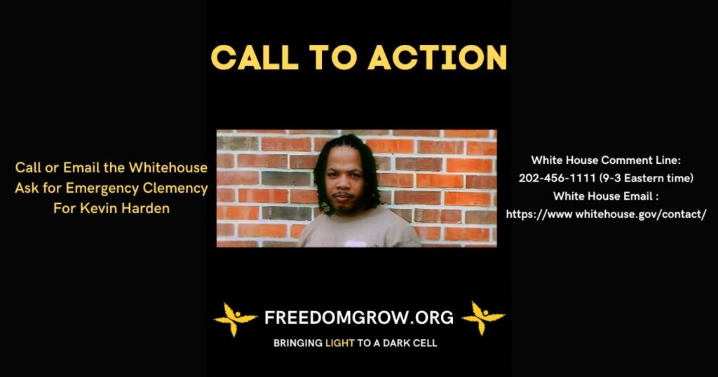 Advocacy poster on a black background calling for emergency clemency for Kevin Harden. The top features bold yellow text reading 'CALL TO ACTION.' A central photo of Kevin Harden, with shoulder-length hair and a beard, is set against a brick wall. The left side provides instructions to call or email the White House, while the right side lists the White House comment line and email link. At the bottom, 'FREEDOMGROW.ORG' and the tagline 'BRINGING LIGHT TO A DARK CELL' are displayed in white text, flanked by yellow star-like icons.