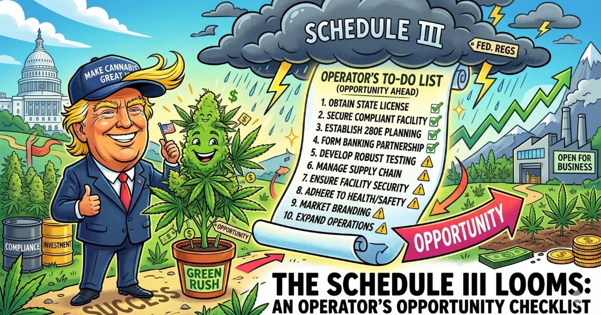 Cartoon-style illustration depicting the challenges and opportunities of cannabis rescheduling to Schedule III. A central 'Operator's To-Do List' outlines tasks like obtaining licenses, securing facilities, and managing supply chains, with green checkmarks for completed items and yellow warning triangles for pending ones. Above, stormy clouds labeled 'Schedule III' and 'Fed. Regs' rain dollar signs, symbolizing regulatory hurdles. On the left, a caricature of Donald Trump in a 'Make Cannabis Great' hat stands beside a smiling cannabis plant in a pot labeled 'Green Rush.' On the right, an industrial facility labeled 'Open for Business' is surrounded by cannabis plants, stacks of coins, and a green upward-trending arrow, representing growth potential