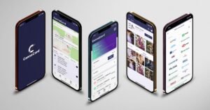 Image showcasing five smartphones arranged diagonally, each displaying different screens of the CannaCard mobile application. The first phone shows the CannaCard logo on a dark blue splash screen. The second displays a map and business directory with navigation options like 'Favorites' and 'Nearby.' The third highlights a digital wallet screen with a balance of $13.74 and recent transactions. The fourth features a business profile page for 'AGENCY Models' with tabs like 'Overview' and a 'PAY' button. The fifth phone shows a bank selection screen with various bank names and logos. The clean, light gray background emphasizes the app's modern and functional design