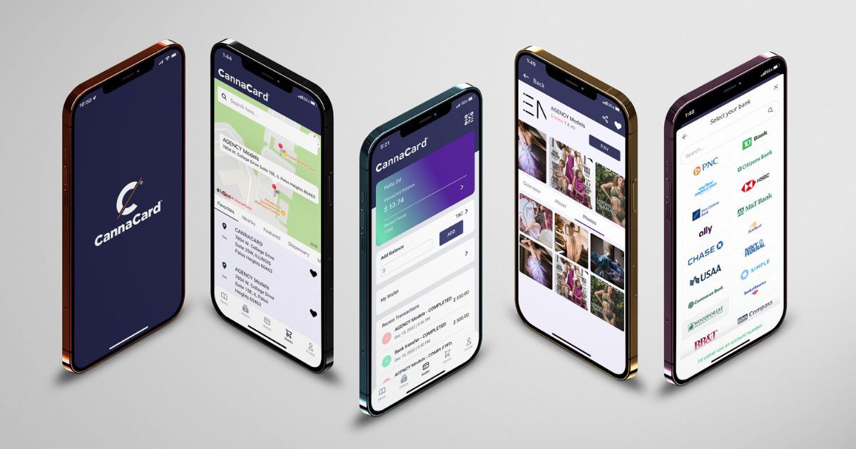 Image showcasing five smartphones arranged diagonally, each displaying different screens of the CannaCard mobile application. The first phone shows the CannaCard logo on a dark blue splash screen. The second displays a map and business directory with navigation options like 'Favorites' and 'Nearby.' The third highlights a digital wallet screen with a balance of $13.74 and recent transactions. The fourth features a business profile page for 'AGENCY Models' with tabs like 'Overview' and a 'PAY' button. The fifth phone shows a bank selection screen with various bank names and logos. The clean, light gray background emphasizes the app's modern and functional design