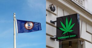 Split image featuring the Virginia state flag on the left, waving against a clear blue sky, with the Great Seal of Virginia and the motto 'SIC SEMPER TYRANNIS.' On the right, a black rectangular sign for a 'CANNABIS SHOP' with a bright green cannabis leaf is mounted on a light-colored building facade. Keywords: Adult-use cannabis sales in Virginia