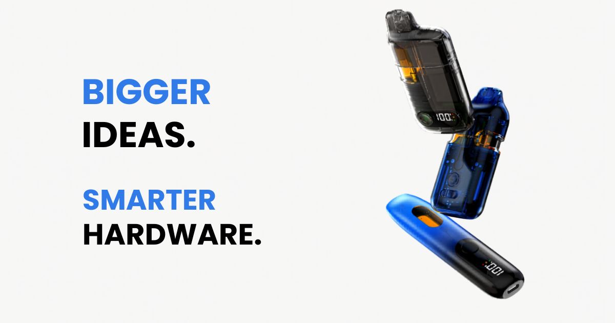Minimalist promotional image featuring the slogan 'BIGGER IDEAS. SMARTER HARDWARE.' in bold blue and black text on the left. On the right, three sleek, translucent vaping devices are dynamically arranged, showcasing internal components and small screens displaying '100.' Set against a clean white background. Keywords: cannabis vape technology