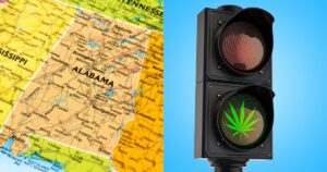 Composite image featuring a detailed map of Alabama highlighting cities, rivers, and neighboring states on the left, paired with a traffic light on the right. The traffic light displays a green signal with a cannabis leaf silhouette, symbolizing the launch of Alabama's medical marijuana program