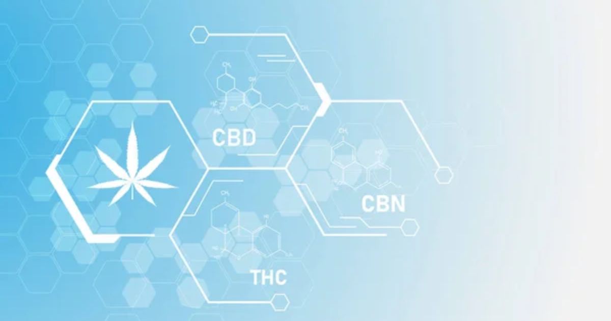 Scientific graphic with a blue-to-white gradient background, featuring hexagonal shapes and faint molecular diagrams. A large hexagon with a cannabis leaf icon connects to smaller hexagons labeled 'CBD,' 'THC,' and 'CBN,' representing key cannabinoids. The design emphasizes the role of cannabis real-world data in understanding these compounds
