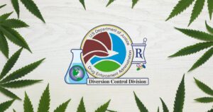 Centered DEA Diversion Control Division logo featuring an eagle, a globe, a mortar and pestle with an 'Rx' symbol, and colorful pills, surrounded by green cannabis leaves on a rustic wooden background. Represents the launch of the medical marijuana registration portal
