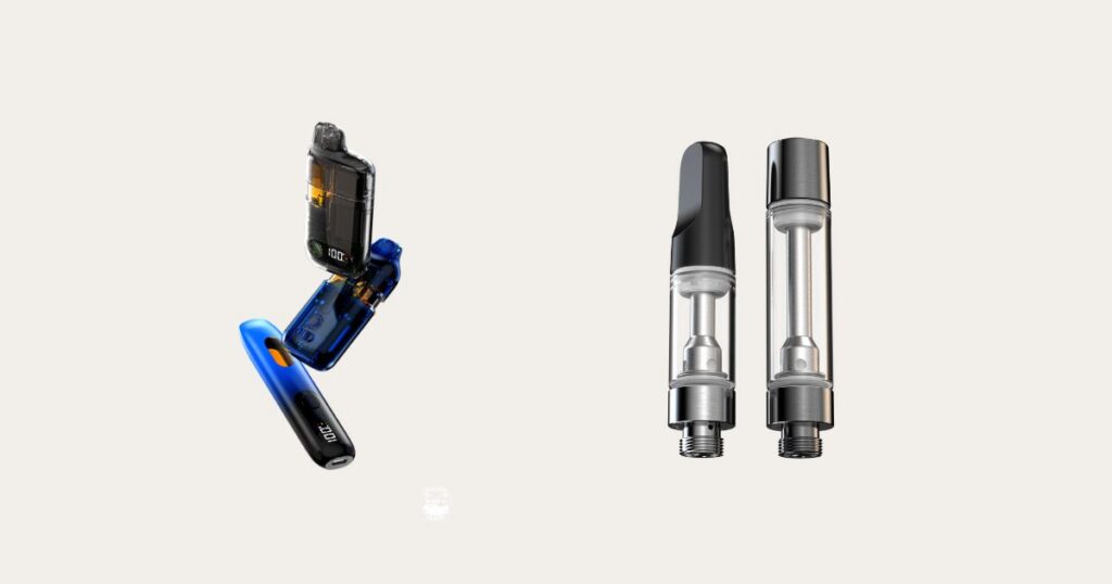Comparison image of cannabis vape products featuring three sleek, modern pod systems on the left with vibrant blue and black designs, semi-transparent reservoirs, and digital displays showing '100.' On the right, two traditional 510-thread cartridges with clear bodies, silver and black mouthpieces, and metallic bases, highlighting the evolution of vaping technology