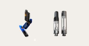 Comparison image of cannabis vape products featuring three sleek, modern pod systems on the left with vibrant blue and black designs, semi-transparent reservoirs, and digital displays showing '100.' On the right, two traditional 510-thread cartridges with clear bodies, silver and black mouthpieces, and metallic bases, highlighting the evolution of vaping technology