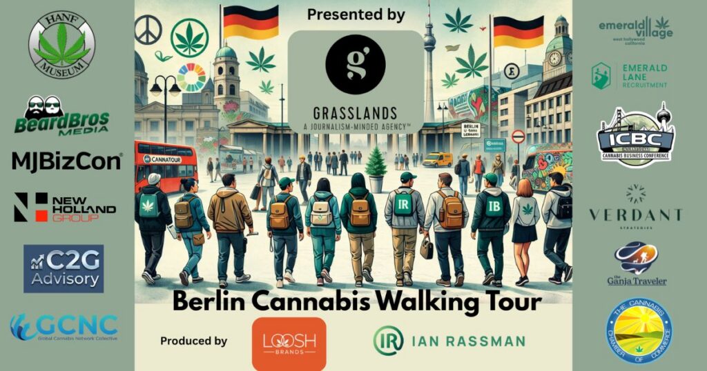 Promotional graphic for the Berlin Cannabis Industry Walking Tour featuring an illustrated group of people walking through a Berlin square with the iconic Fernsehturm (TV Tower) in the background. The scene includes a red double-decker bus labeled 'Cannatour,' floating cannabis leaves, and sponsor logos like Grasslands, MJBizCon, and ICBC. The design highlights the collaborative nature of the event within the cannabis industry.
