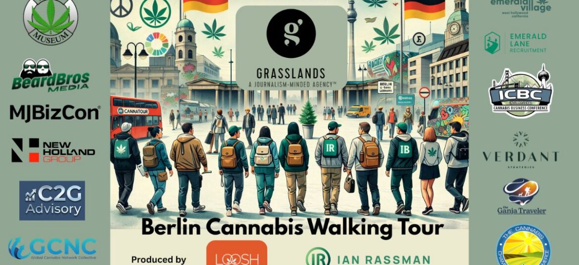 Promotional graphic for the Berlin Cannabis Industry Walking Tour featuring an illustrated group of people walking through a Berlin square with the iconic Fernsehturm (TV Tower) in the background. The scene includes a red double-decker bus labeled 'Cannatour,' floating cannabis leaves, and sponsor logos like Grasslands, MJBizCon, and ICBC. The design highlights the collaborative nature of the event within the cannabis industry.