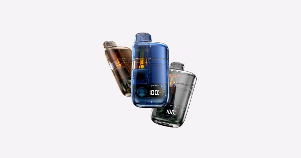High-tech product image of three translucent cannabis vape devices, the GT Palm Pro, in blue, amber, and gray. Each device features visible internal components, a digital display reading '100%,' and a sleek, modern design. Set against a light gray background, the layout highlights the premium and innovative aesthetic